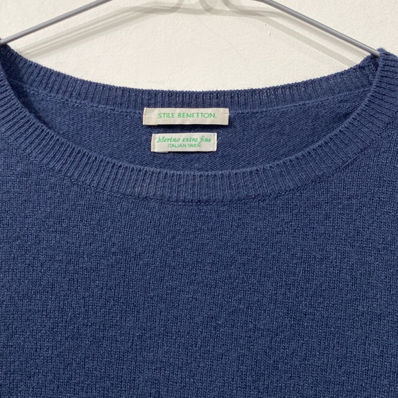 Stile Benetton Merino Extra Fine Italian Yarn Crew Neck Navy Blue size S - Picture 3 of 8